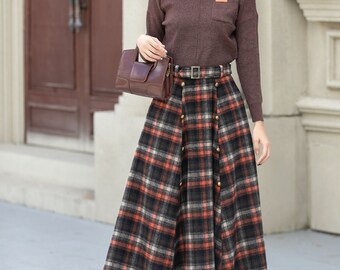 【韓国 as if calie】VINTAGE CHECKERED LONG SKIRT Wool Skirt, Plaid Wool Skirt, Long Wool Skirt, Womens Wool