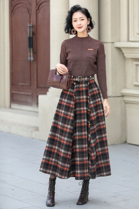 A line plaid midi wool skirt women 5355 A line plaid midi wool skirt women 5355