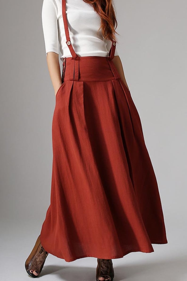 Linen Suspender Skirt Women, High Waisted Maxi Skirt with Pockets, Red Skirt, Custom Made Skirt, Casual Linen Skirt, Summer Fall Skirt 1035 image 6