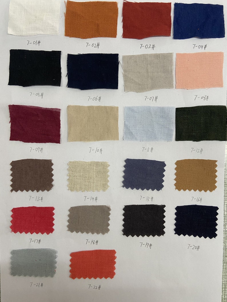 May include: Swatch card with 22 fabric samples in various colors and textures. The samples are labeled with numbers from 7-01 to 7-22.
