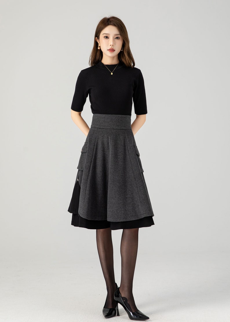 Winter Skater Wool Skirt Women, Wool Midi Skirt with Pockets, High Waist Layered Skirt, Patchwork Skirt, Wool Circle Skirt, Xiaolizi 1627 3-gray-4629#