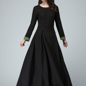 Long Sleeve Maxi dress in Black, Linen dress, Women's dress, Prom dress for women, full length dress, Contract Cuff Long party dress 1450 image 5