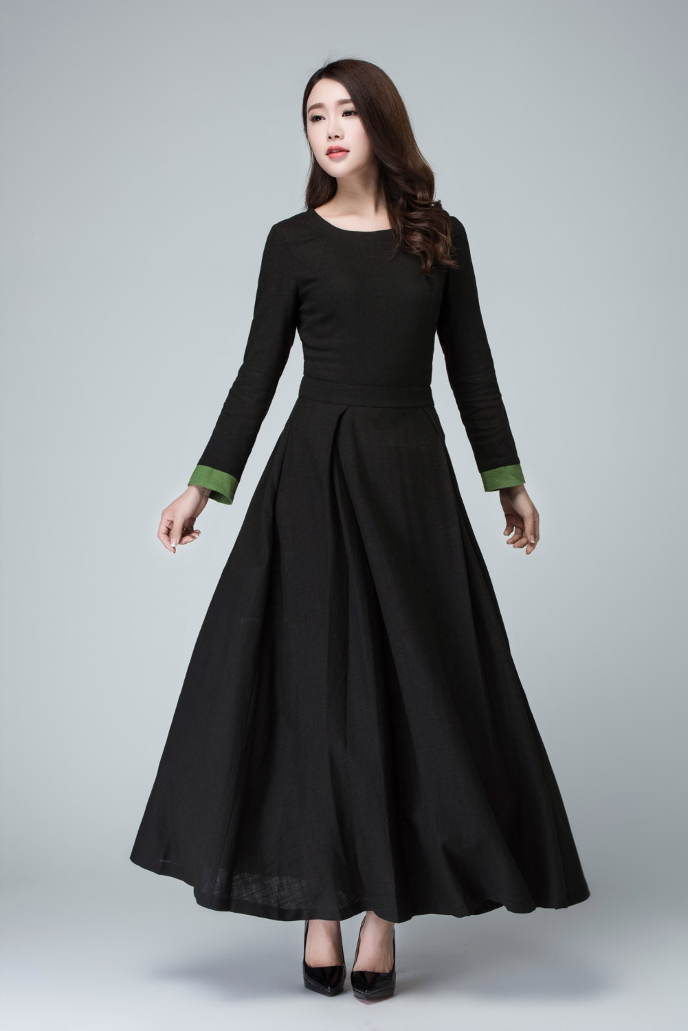 Black Linen Maxi Dress  Vintage Gothic Inspired Long Sleeve Dress 1450 Black / XS