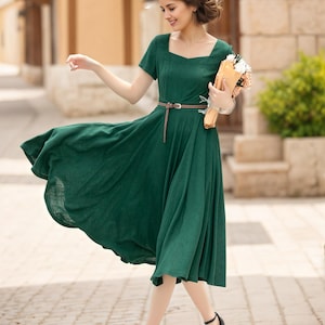 Family Gathering dress, Linen Green Midi Women Dress, A-Line Summer Swing dress, Fit & flare dress, Date dress, Custom dress, Xiaolizi 6051
