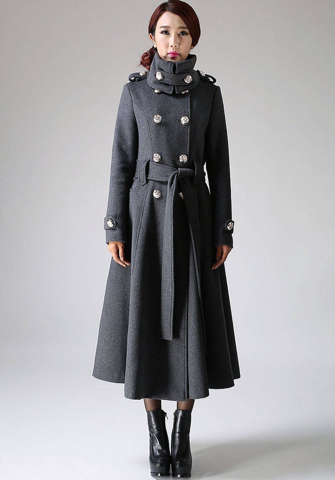 Military Coat Wool Coat Long Wool Coat Winter Coat Women Double-breasted  Overcoat in Gray Wool Coat Women Warm Winter Coat 1072 