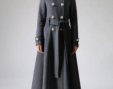 Gray Wool Military Coat, Double-breasted Overcoat, Belted Winter