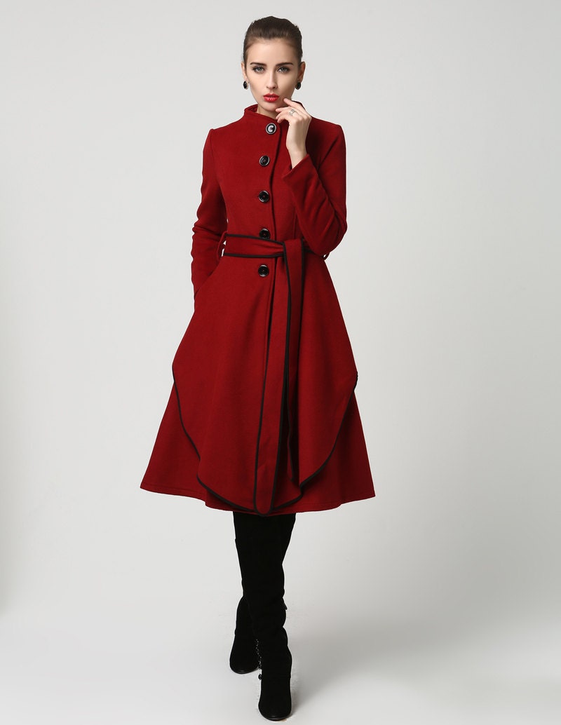 Dark red coat stand up collar wool coat winter coat for | Etsy