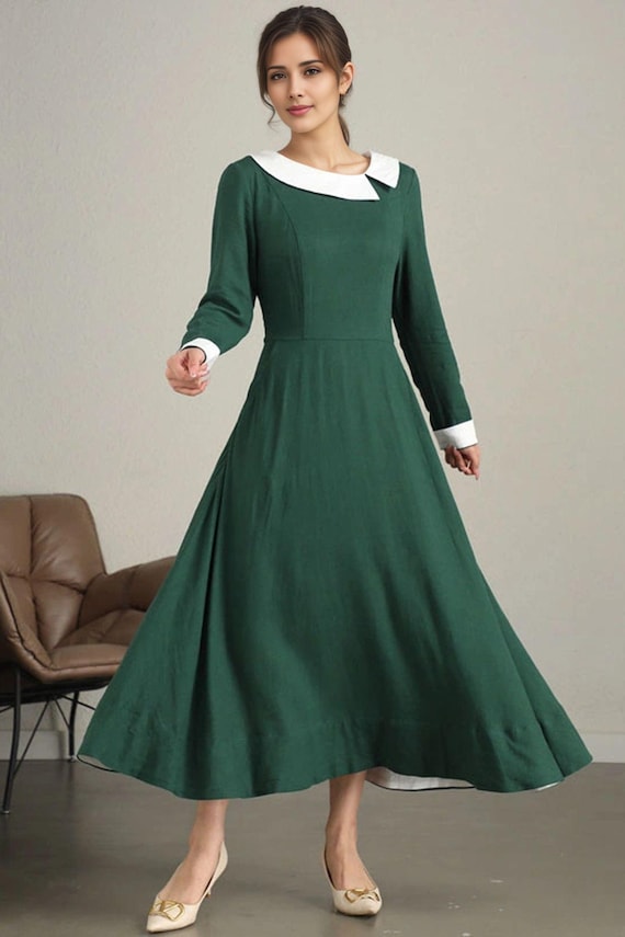 Linen Autumn Maxi Dress | Xs Green Long Sleeve 3813 Handmade By Xiaolizi