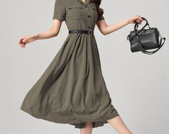 Military-inspired Dress, Army green Midi Shirt Dress, Womens Button up A-Line Swing Dress, Short Sleeves Summer work Dress, Xiaolizi 5784#