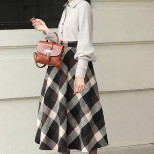 Plaid Wool Midi Skirt: High Waisted A-Line Vintage Style, Plus size, Custom, Xiaolizi 6421# image 2
