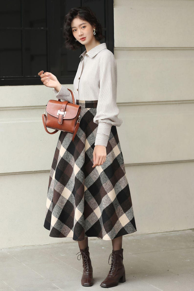 Plaid Wool Midi Skirt: High Waisted A-Line Vintage Style, Plus size, Custom, Xiaolizi 6421# image 2