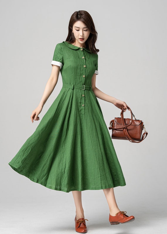 Green Linen Dress Linen Midi Shirt Dress Fit and Flare Dress Swing Long Linen Dress Womens Summer Spring Linen Dress Xiaolizi 4192 Etsy Canada
