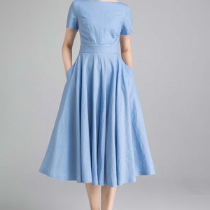 Vintage 1950s Short Sleeve Green Linen Midi Dress, Fit and Flare Dress, Summer Swing Linen Dress with Pockets, Women Modest Linen Dress 3482 blue