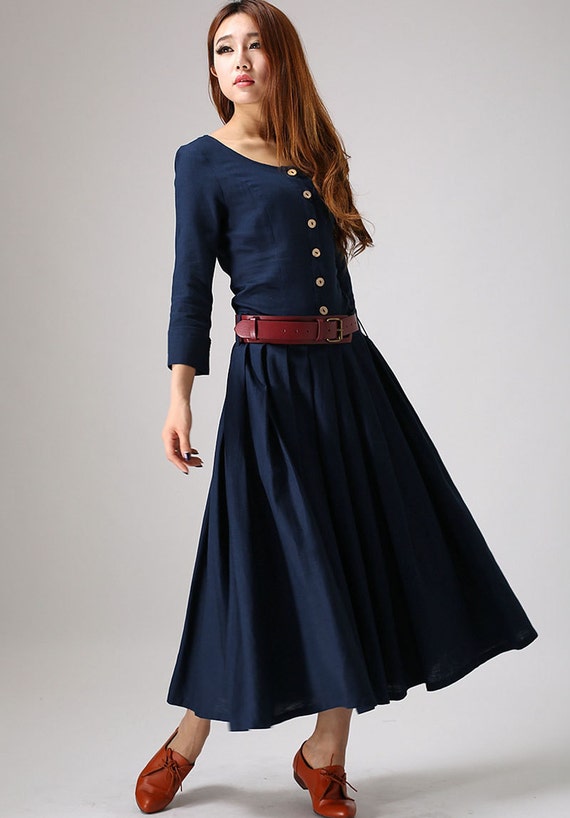 navy linen dress maxi dress shirt dress pleated dress | Etsy