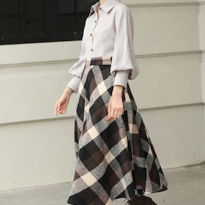Plaid Wool Midi Skirt: High Waisted A-Line Vintage Style, Plus size, Custom, Xiaolizi 6421# image 5