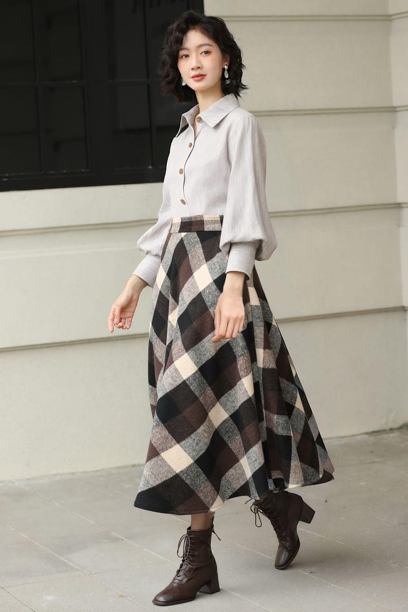 Plaid Wool Midi Skirt: High Waisted A-Line Vintage Style, Plus size, Custom, Xiaolizi 6421# image 5