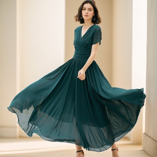 Chiffon Wedding dress, Green Maxi Bridesmaid dress, Short sleeve Chiffon dress, Summer women Wedding guest dress, Prom dress, Xiaolizi 5114