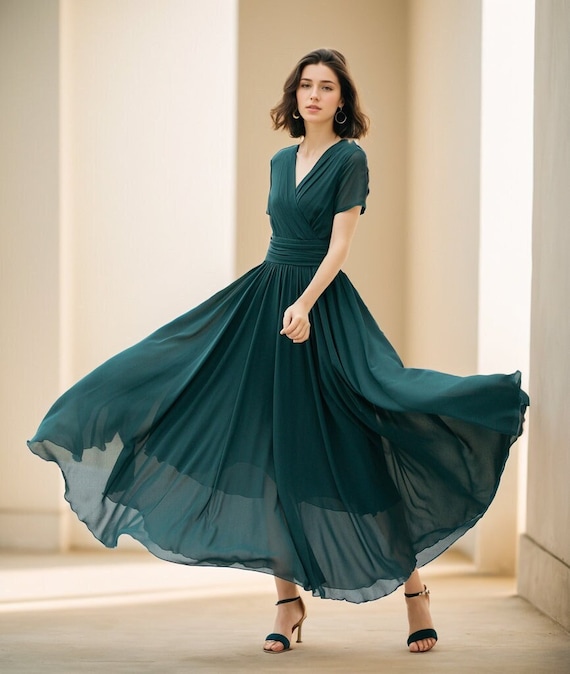 Handmade Elegant Teal Chiffon Maxi Dress – Flowy and Feminine 5114 Handmade Elegant Teal Chiffon Maxi Dress – Flowy and Feminine 5114