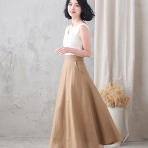 Long Linen Skirt, Linen Maxi Skirt for Women, A Line Long Skirt, High Waist Flared Skirt, Minimalist Skirt, Spring Summer Swing Skirt 2767 3-Brown