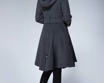 冬用ダブルブレストウールコート、レディースグレーウールコート