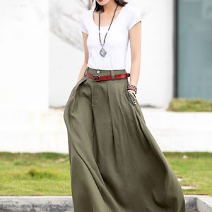 Army Green Linen Skirt, Asymmetrical Skirt, Casual Women Maxi Skirt ...