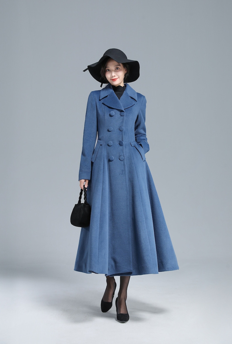 Vintage Inspired Long Wool Princess Coat Women, Fit and Flare Coat, Autumn Winter Outwear, Trench Coat, Double Breasted Coat, Xiaolizi 3127 Blue