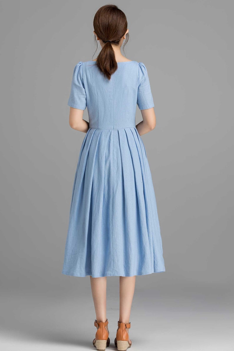 Womens Puff Sleeve Linen Dress, Floral dress women, Prairie Dress, Laura ashley Midi dress, Bridesmaid Dresses, Pleated Summer dress 0139 image 9