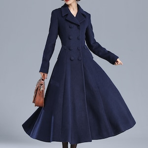 Vintage inspired Long wool coat, Winter coat women, Wool coat women, fit and flare coat, Double breasted Wedding wool coat, Xiaolizi 2412 Navy blue-3208