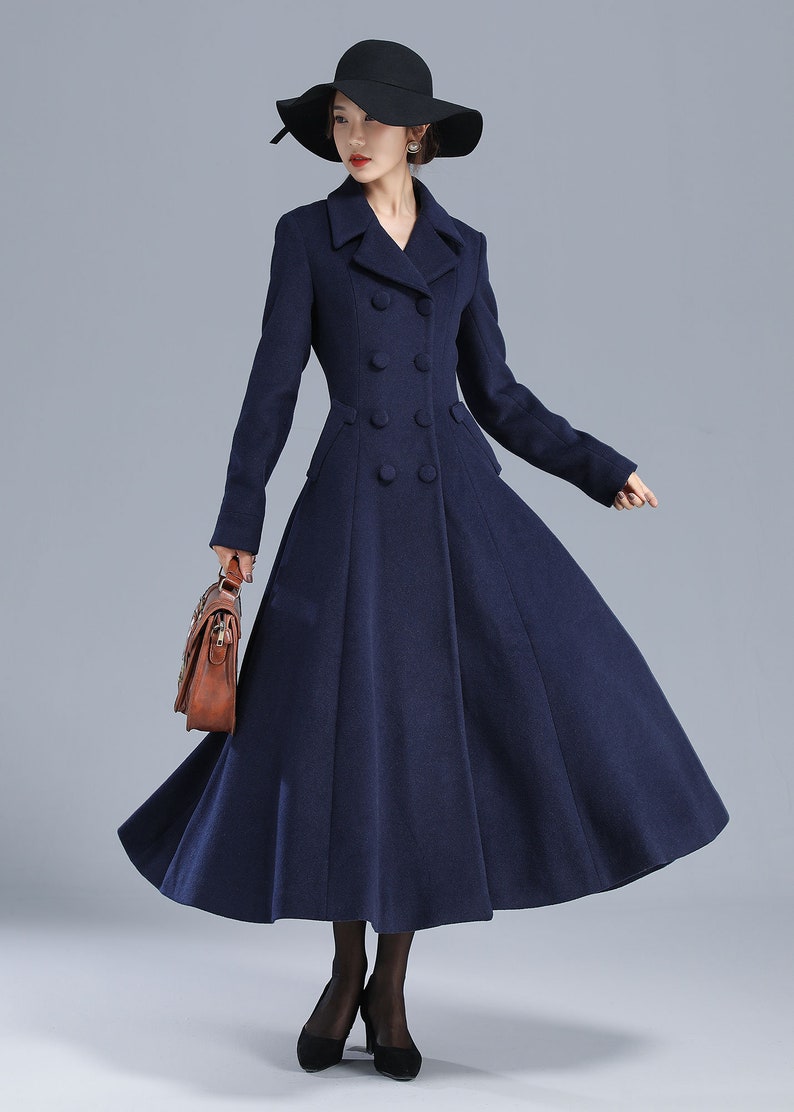 Vintage inspired Long wool coat, Winter coat women, Wool coat women, fit and flare coat, Double breasted Wedding wool coat, Xiaolizi 2412 Navy blue-3208