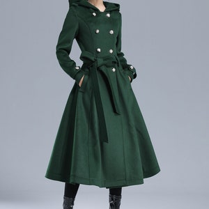 Damen Trenchcoat, Militärmantel Damen, Grüner langer Wollmantel mit Kapuze, Wintergürtel Swing Coat, doppelreihige Prinzessin Mantel 3212 Bild 2