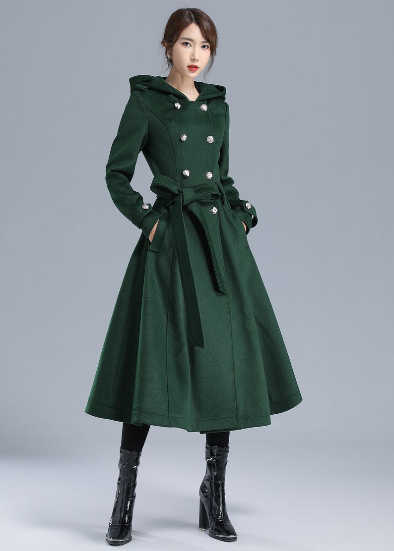 Damen Trenchcoat, Militärmantel Damen, Grüner langer Wollmantel mit Kapuze, Wintergürtel Swing Coat, doppelreihige Prinzessin Mantel 3212 Bild 2