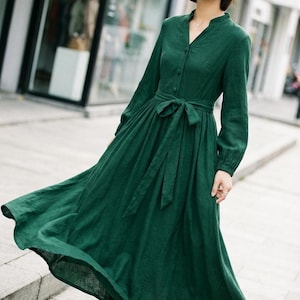 Abito midi verde in lino – lungo, con bottoni, misto cotone traspirante, vestibilità personalizzata, Xiaolizi 6658#