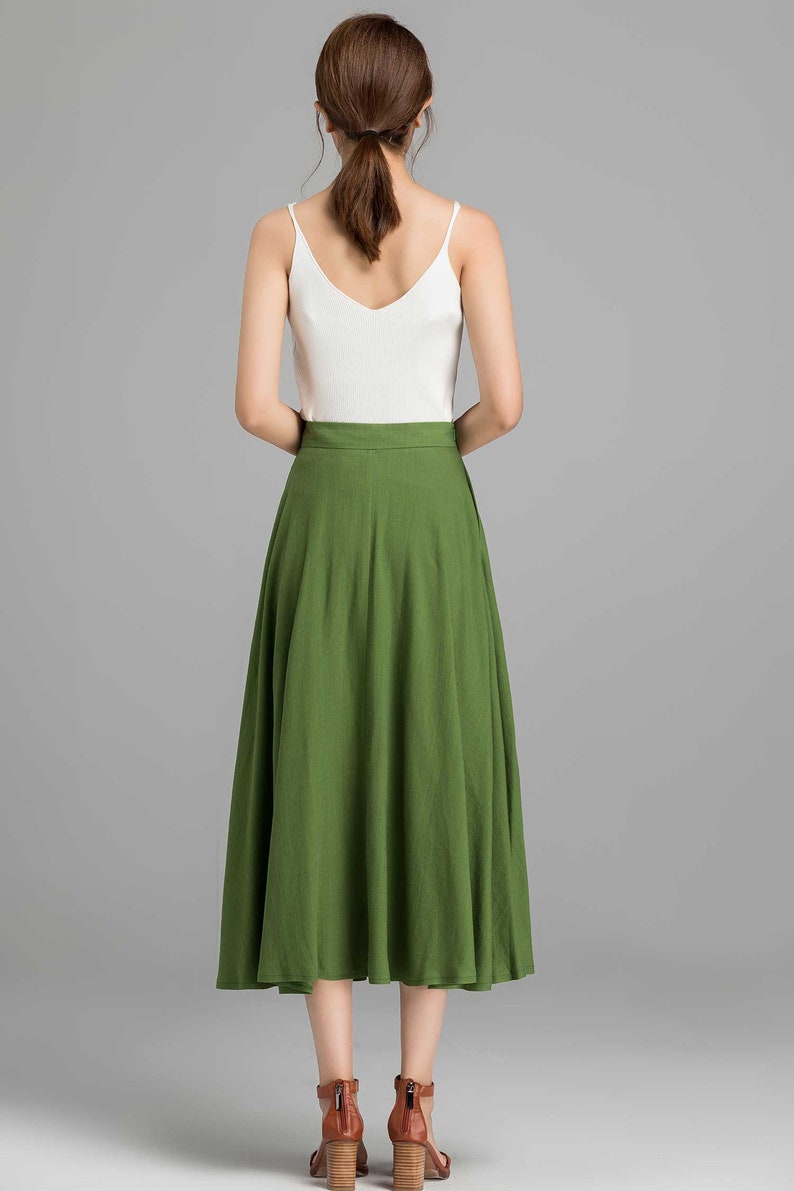 Button-Down Linen Midi skirt, A-Line swing skirt, Linen skirt, Green skirt, Women skirt, High waisted Skirt with pockets, Summer skirt 2368 image 7