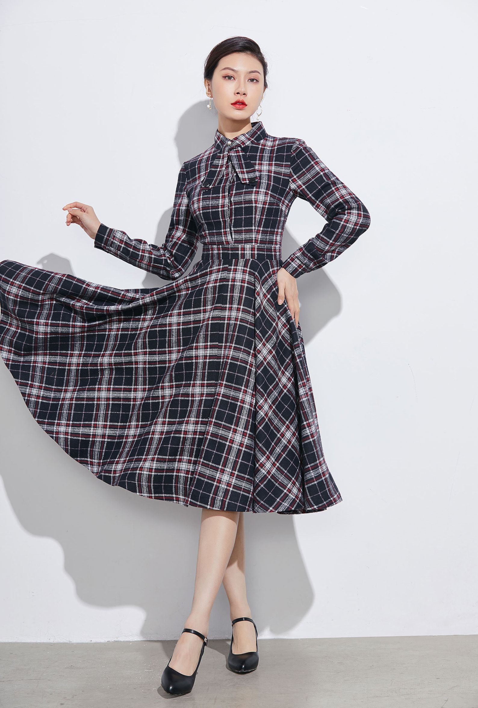 1950s Plaid Wool Dress with Attached Faux Scarf