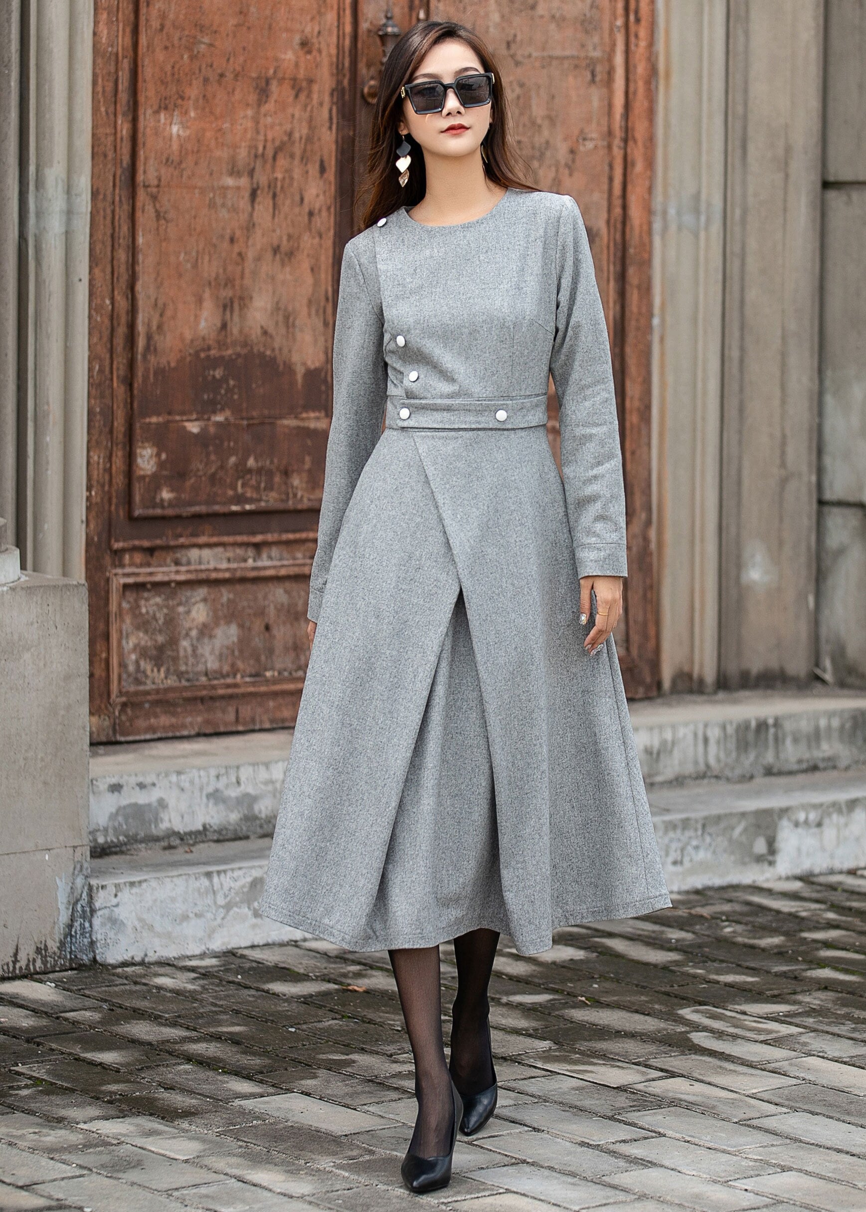 Wool Dress Gray Wool Midi Dress Long Wool Dress Aline Wool Etsy UK