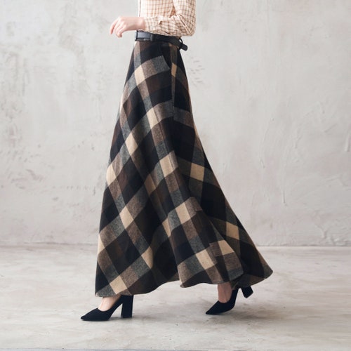 Jupe longue en laine tartan femme, jupe longue en laine, jupe en laine à carreaux, jupe évasée taille haute, jupe trapèze années 40, jupe automne hiver chaude 3108