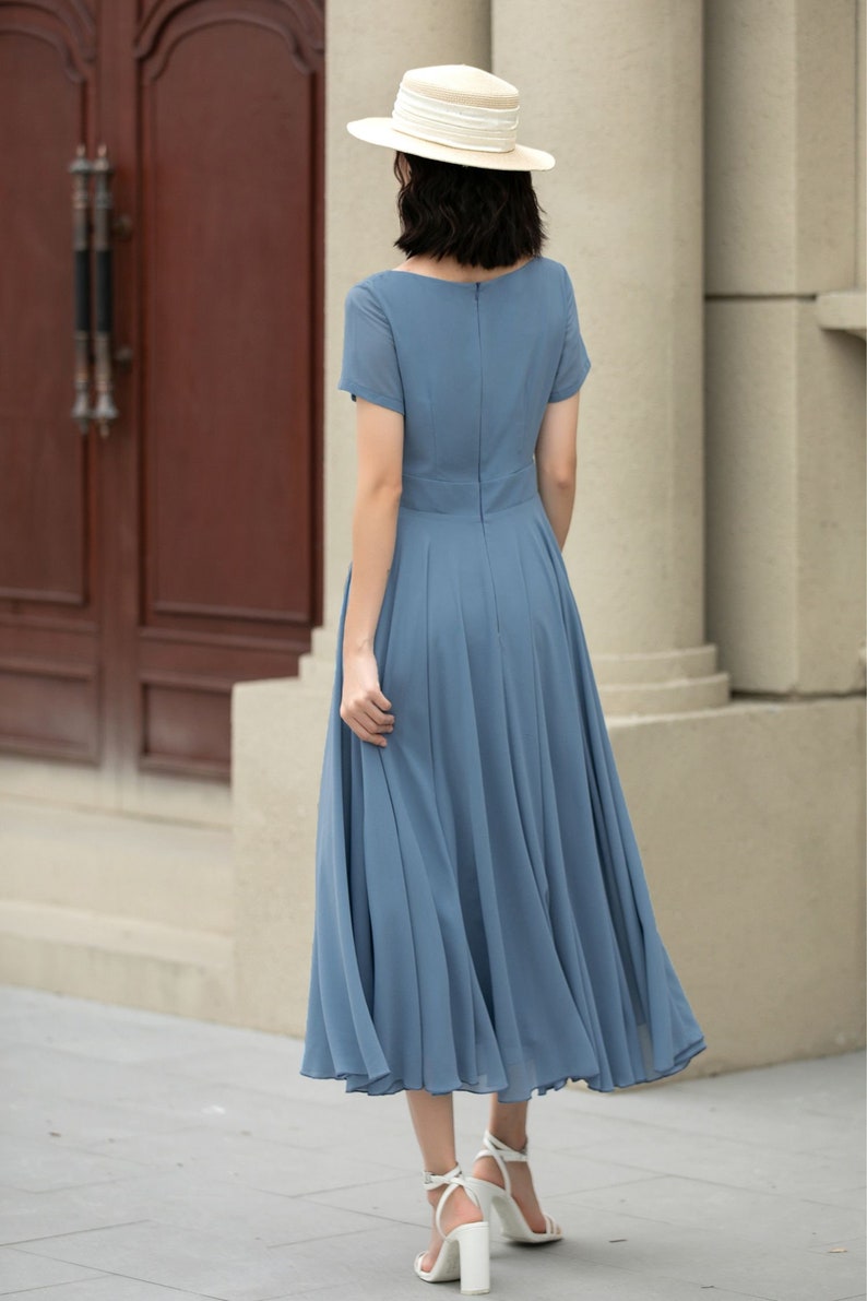 Summer office dress, Blue Chiffon Dress, Midi chiffon dress, Womens Swing Chiffon dress, fit and flare dress, Custom dress, XiaoLizi 5192 image 6