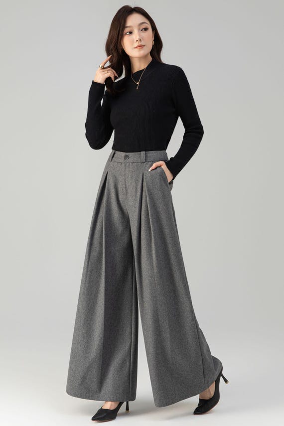Gray Wool Blend Wide Leg Pants: High Waisted Women's Pleated