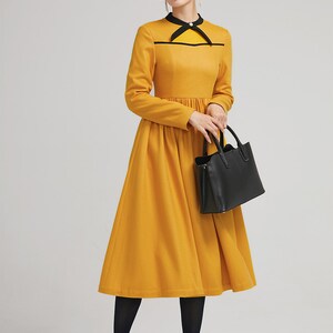 yellow dress, winter wool dress, fit and flare dress, formal dress, warm dress, womens dresses, long sleeves dress, modern dress 2233 image 4