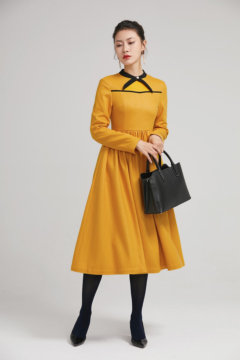 yellow dress, winter wool dress, fit and flare dress, formal dress, warm dress, womens dresses, long sleeves dress, modern dress 2233 image 4