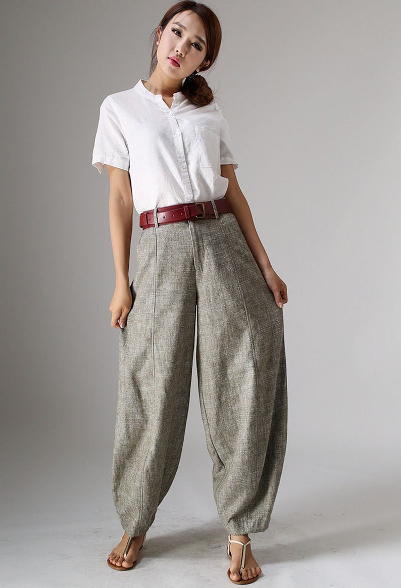 womens Linen baggy pants, Washed linen pants, Long linen pants, Summer pants, Loose Fitting Pants, Casual pant 0986 1 Green-986