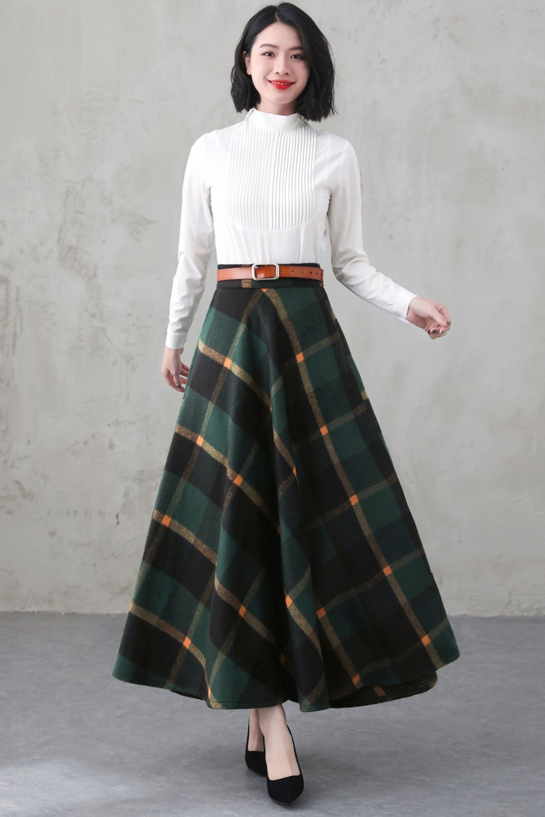 Green Long Wool Plaid Skirt, Maxi Wool Skirt with Pockets, Tartan Skirt, Vintage Swing A Line Skirt, Full Fall Winter Skirt, Xiaolizi 4000 plaid-4000