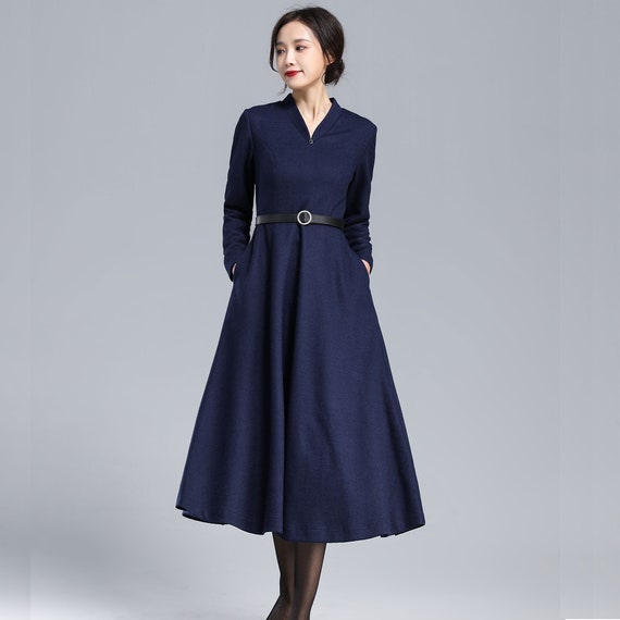 50s Inspired Winter Long Wool Dress Fit and Flare Dress -