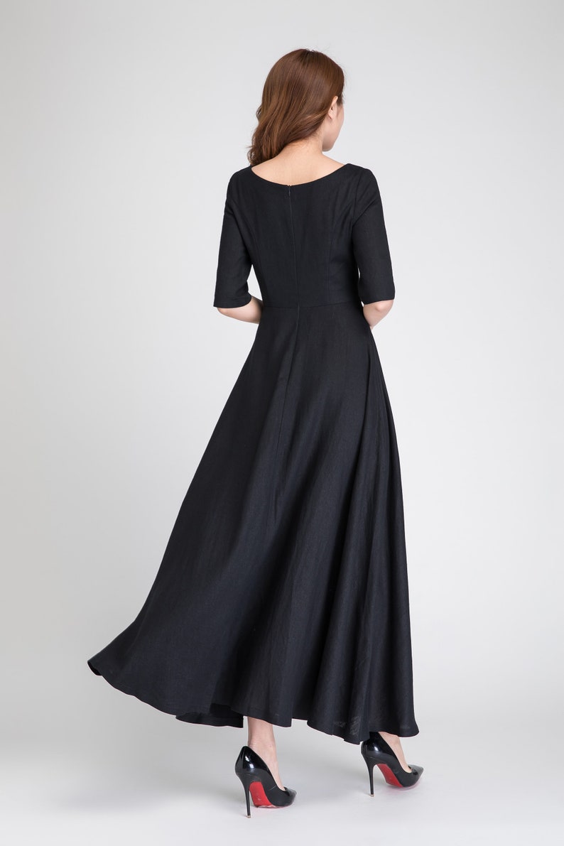 V-Neck Fit and flare Linen Maxi Dress Black Linen Dress | Etsy