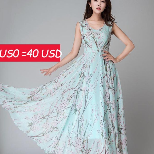 SALE, Chiffon dress ,maxi women dress ,long flower dress, maxi dress,made to measure,sky blue dress(1533)