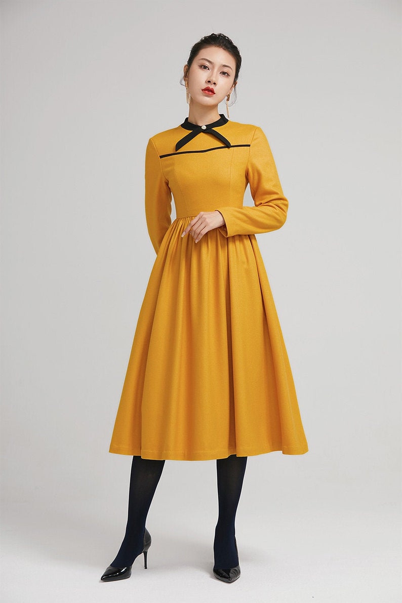 yellow dress, winter wool dress, fit and flare dress, formal dress, warm dress, womens dresses, long sleeves dress, modern dress 2233 image 1