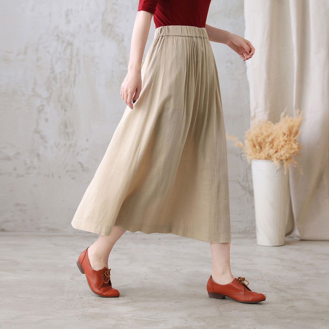 Khaki Long Cotton Linen Midi Skirt A Line Skirt Loose Summer Etsy