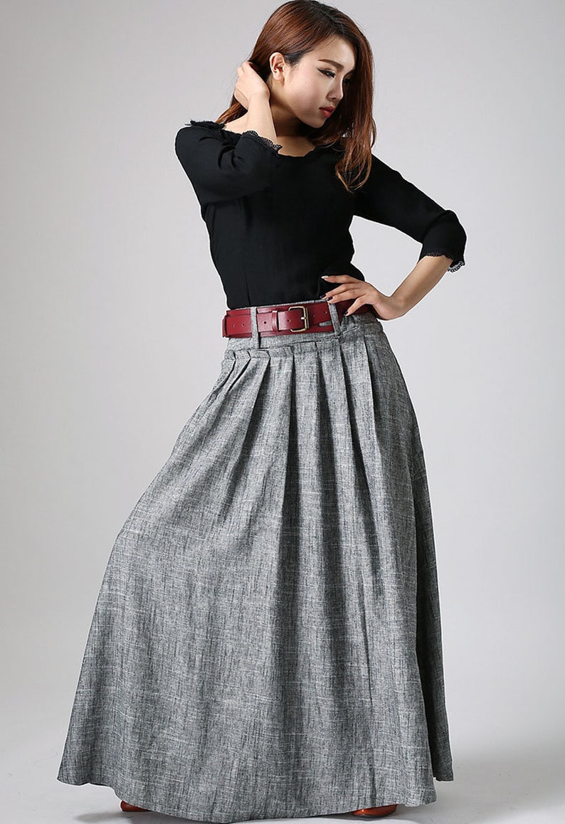 women linen maxi skirt, swing long pleated skirt, gray skirt, pockets skirt, casual skirt, xiaolizi 0911 image 7