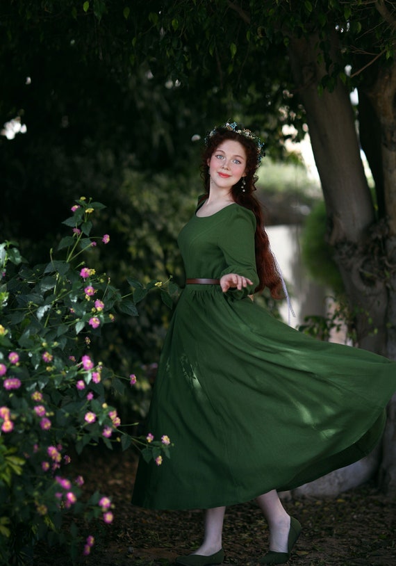 Long Sleeve Cottagecore Dress, Women Vintage Inspired Green Linen