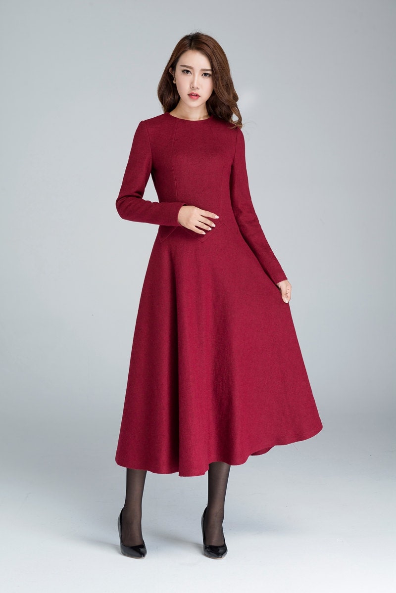 Autumn Midi Dress | Xs Red Winter Wool Women 1618 Handmade By Xiaolizi